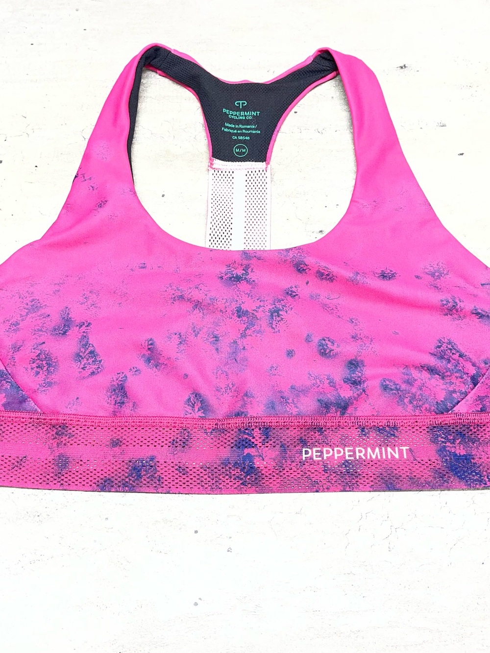 Peppermint Hot Pink Sports Bra with Navy Speckle Accents